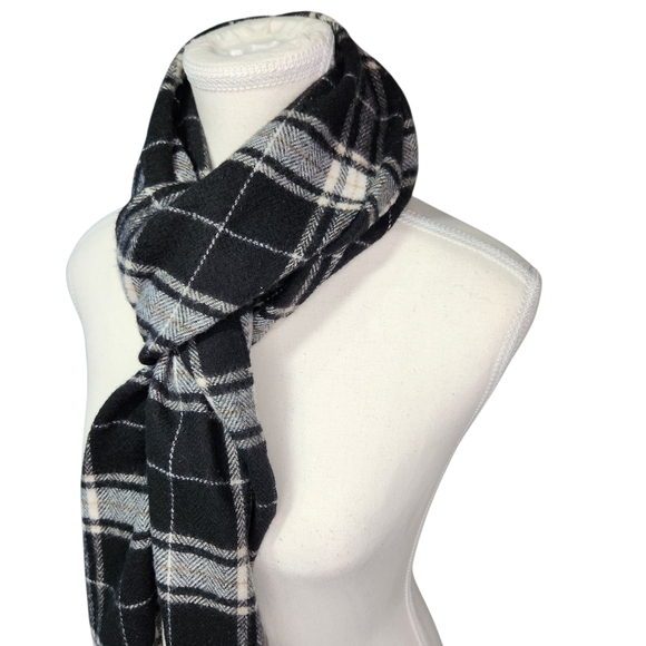 Modern Expressions Black White Tartan Plaid Scarf Fringe Unisex Men's Women's - Picture 4 of 7